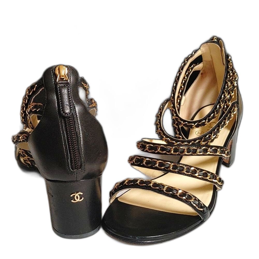 CHANEL Black Lambskin Chain Link Strappy Block Heel Sandals Size 40